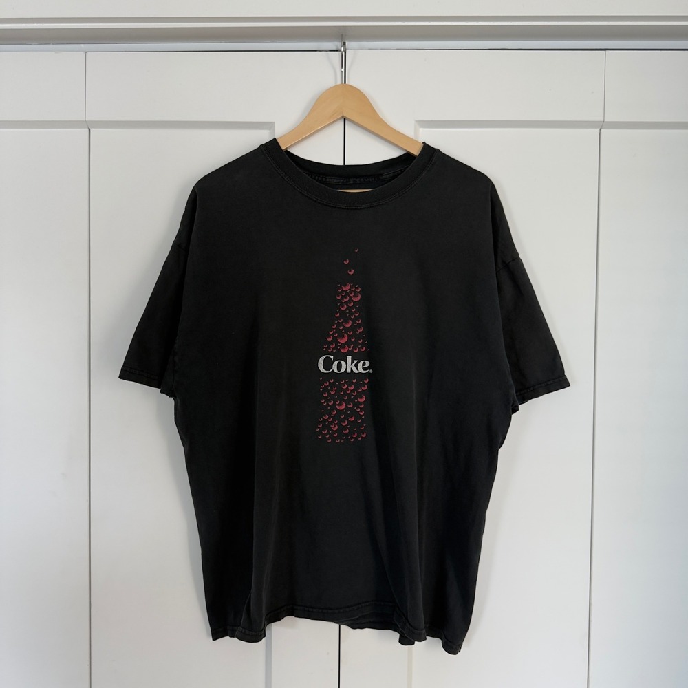 Mens Coca-Cola T-Shirt XL Black Faded Graphic Coke Bottle Bubbles Tee Faded - Picture 2 of 3